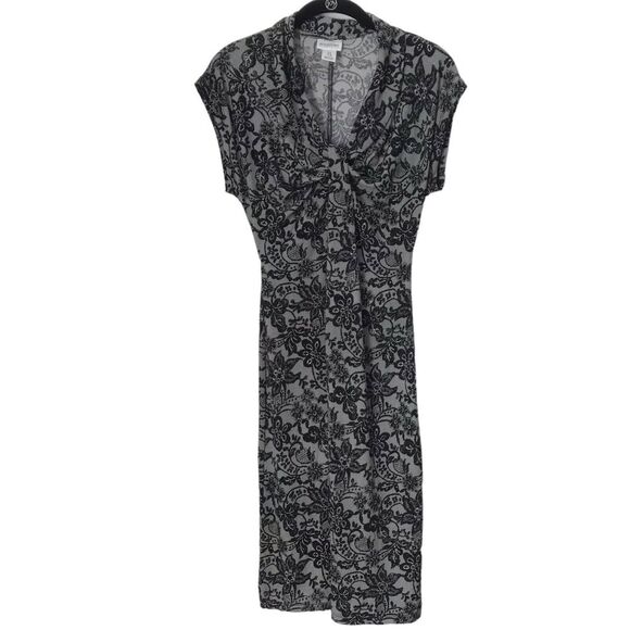 Motherhood Maternity Dress Size Small Black Grey Floral Short Cap Sleeves Midi - Picture 2 of 12